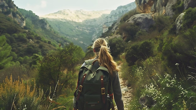 Une jeune femme aux cheveux blonds et à la queue de cheval portant un pull vert et un sac à dos faisant de la randonnée sur un sentier de montagne