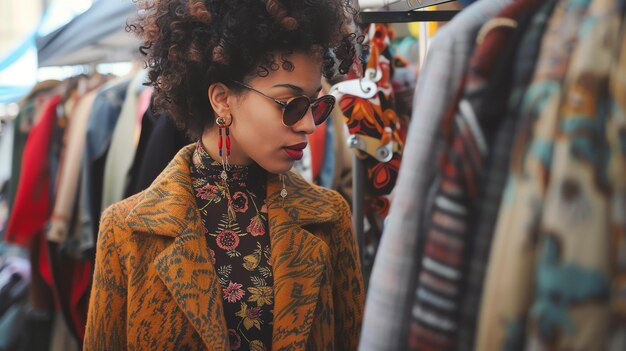 Photo une jeune femme aux cheveux bouclés et aux lunettes de soleil regarde une étagère de vêtements dans un magasin de vêtements vintage