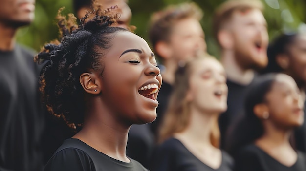 Photo une jeune femme aux cheveux bouclés chante dans une chorale elle sourit et a les yeux fermés