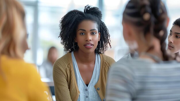 Une jeune femme aux cheveux bouclés est assise dans un groupe de personnes elle regarde la caméra et sourit