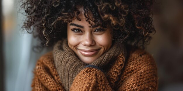 Une jeune femme aux cheveux bouclés et un pull confortable Composition de tons chauds