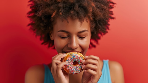 Photo une jeune femme aux cheveux bouclés savourant un donut coloré éparpillé sur un fond rouge