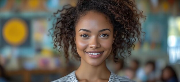 Une jeune femme aux cheveux bouclés souriant dans une salle de classe