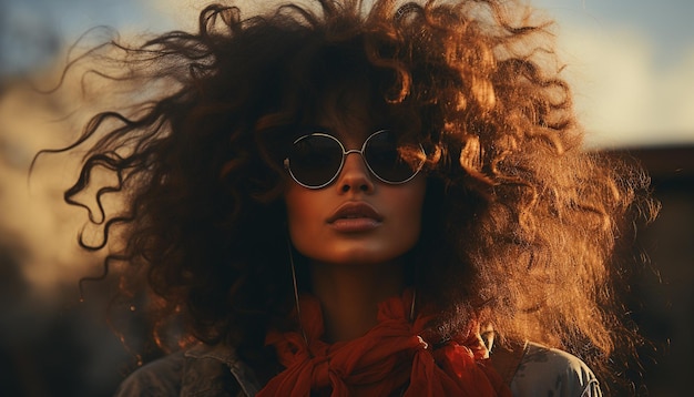 Une jeune femme aux cheveux bruns bouclés portant des lunettes de soleil regardant une caméra générée par l'intelligence artificielle