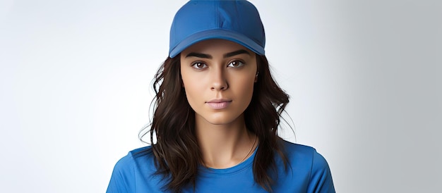 Photo jeune femme aux cheveux bruns portant un chapeau bleu et une chemise sur fond blanc avec une zone vide