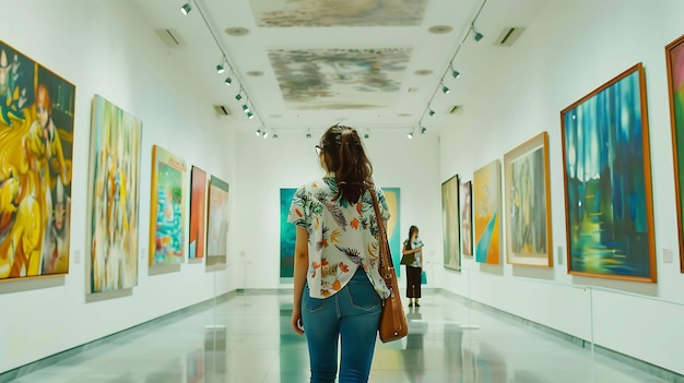 Une jeune femme aux cheveux bruns portant une chemise tropicale et des jeans bleus regardant des peintures dans une galerie d'art