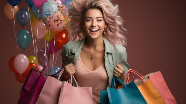 jeune femme aux cheveux colorés portant un tissu coloré dans un style moderne tenant des sacs d'achat colorés