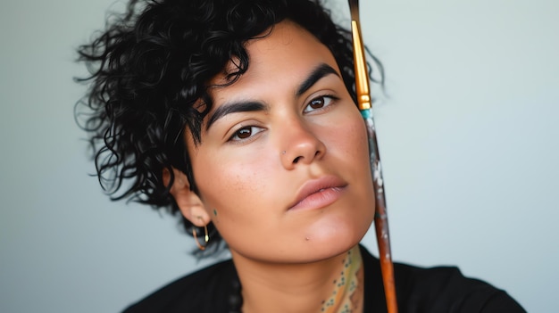 Photo une jeune femme aux cheveux courts et bouclés et au piercing au nez tient un pinceau et regarde la caméra avec une expression sérieuse.