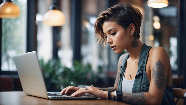 Jeune femme aux cheveux courts travaillant sur un ordinateur portable dans un café Souriant et regardant la caméra Fille avec un tatoueur créateur indépendant ou étudiant travaillant sur l'ordinateur portable à la table