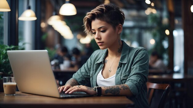 Jeune femme aux cheveux courts travaillant sur un ordinateur portable dans un café Souriant et regardant la caméra Fille avec un tatoueur créateur indépendant ou étudiant travaillant sur l'ordinateur portable à la table