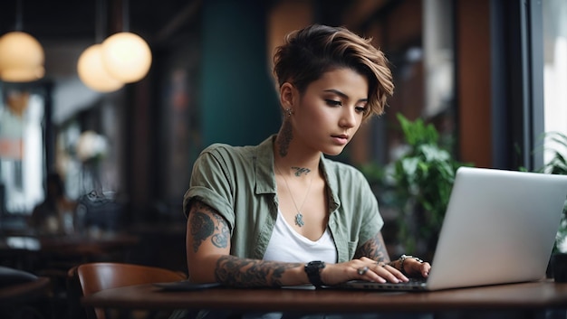 Jeune femme aux cheveux courts travaillant sur un ordinateur portable dans un café Souriant et regardant la caméra Fille avec un tatoueur créateur indépendant ou étudiant travaillant sur l'ordinateur portable à la table