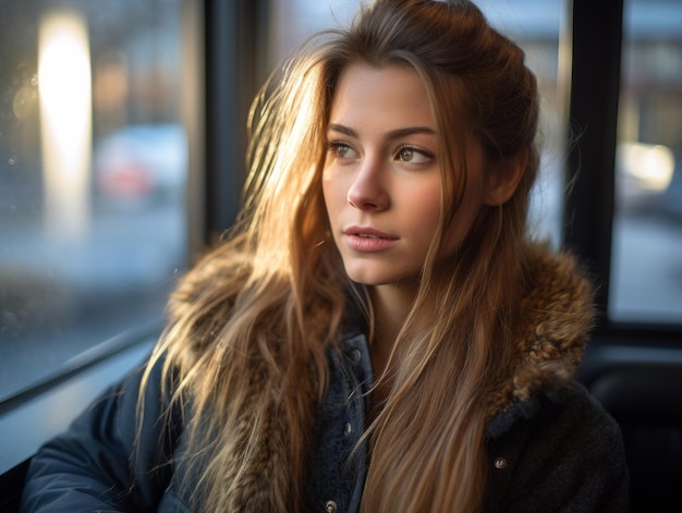 une jeune femme aux cheveux longs assise dans un bus