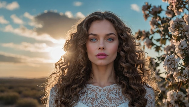 Une jeune femme aux cheveux longs et bouclés, aux yeux gris et bleus, et aux lèvres roses.