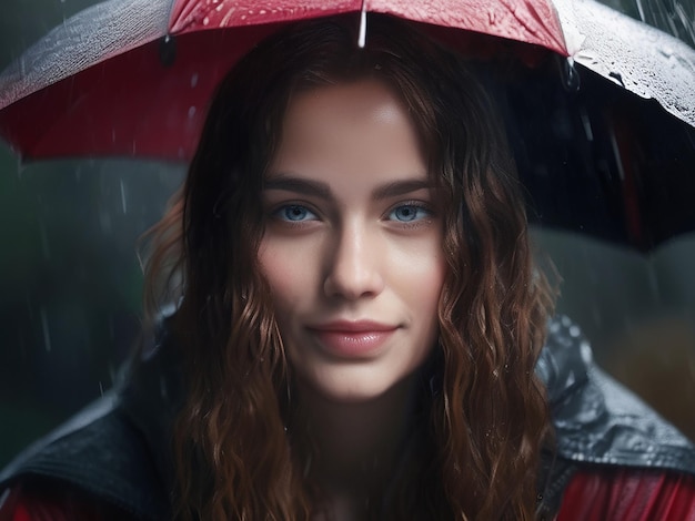 Une jeune femme aux cheveux mouillés par la pluie regarde la caméra.