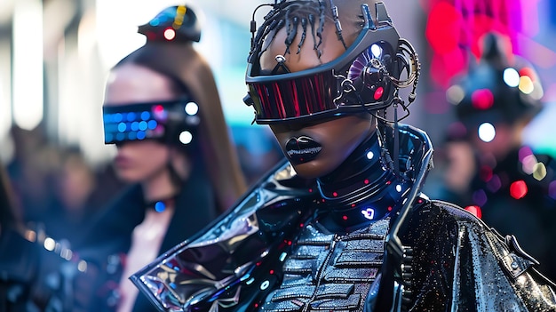 Une jeune femme aux cheveux noirs et à la peau foncée porte une tenue futuriste