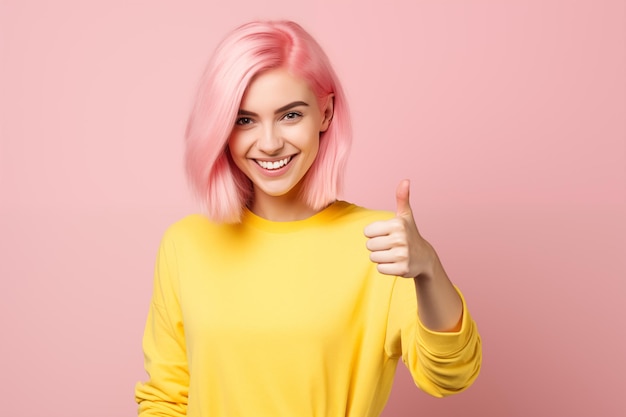 Jeune femme aux cheveux roses sur un fond coloré isolé avec le pouce en l'air