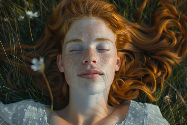 Une jeune femme aux cheveux roux allongée paisiblement dans l'herbe avec les cheveux longs étalés