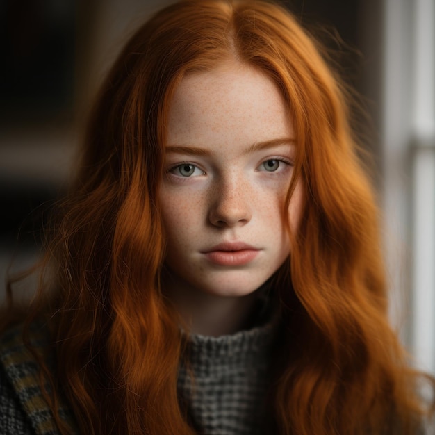 une jeune femme aux cheveux roux et aux yeux bleus
