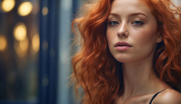 Jeune femme aux cheveux roux et à la peau claire avec quelques taches de rousseur dans le nez.