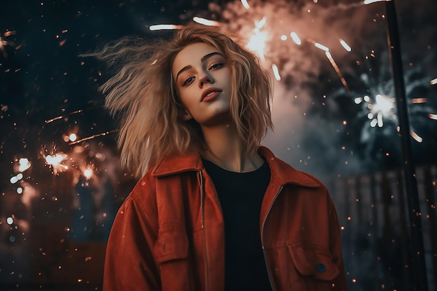 une jeune femme aux feux d'artifice