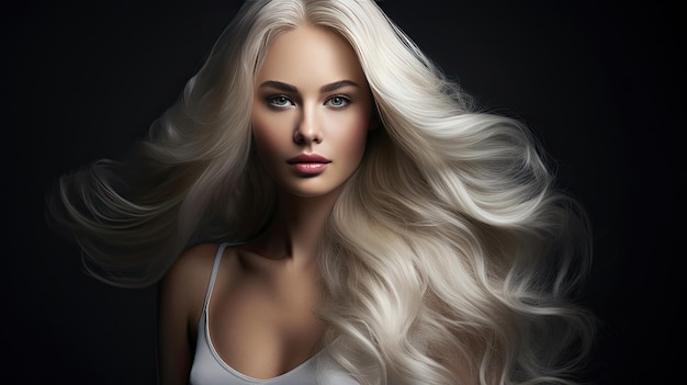 Jeune femme aux longs cheveux blonds sur fond sombre