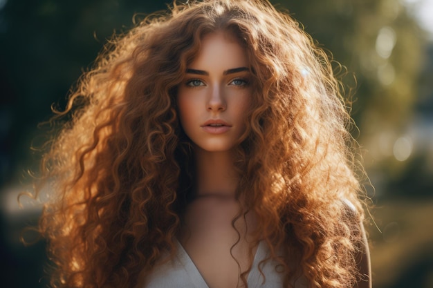 Une jeune femme aux longs cheveux bouclés qui regarde la caméra.