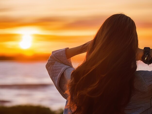 Une jeune femme aux longs cheveux bruns regarde le coucher de soleil.