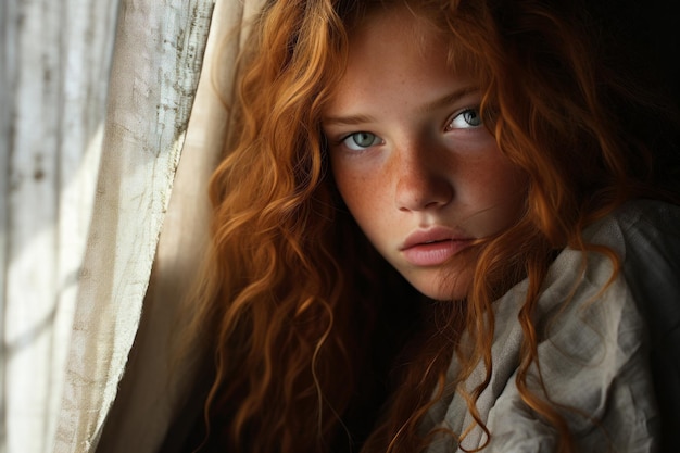 une jeune femme aux longs cheveux rouges regardant par la fenêtre