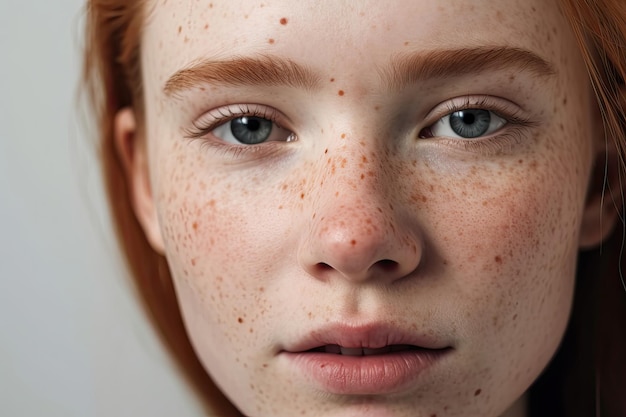 Une jeune femme aux taches de rousseur et aux cheveux roux regarde la caméra.