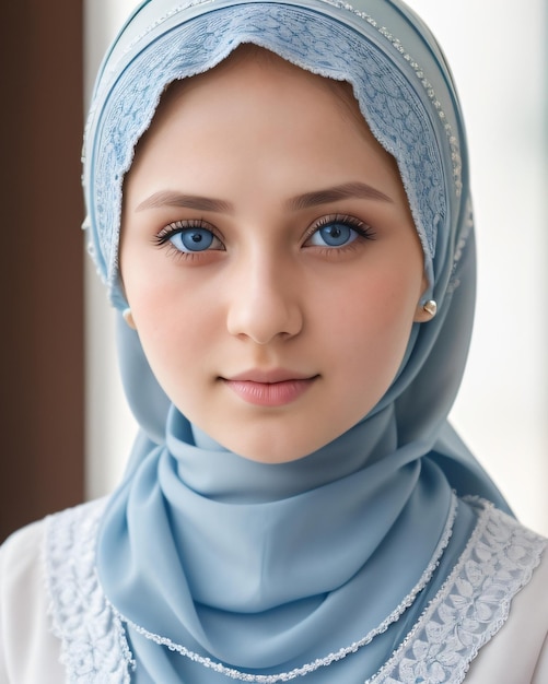 Une jeune femme aux yeux bleus et une écharpe bleue.