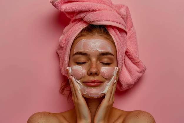 Une jeune femme aux yeux fermés s'applique une crème faciale pour la routine de soin de la peau sur un fond rose