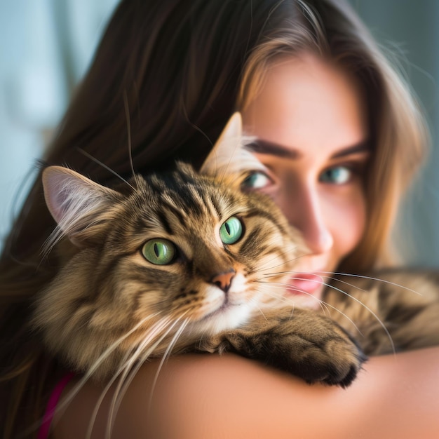 Une jeune femme aux yeux verts qui embrasse un gros chat moelleux aux yeux verds.