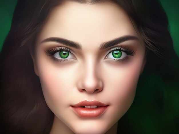 Une jeune femme aux yeux verts regarde la caméra avec élégance.