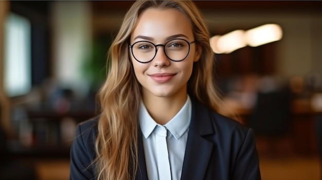 Photo jeune femme avocate ou avocate dans le portrait de bureau souriant et s'adressant à la caméra l'ia générative