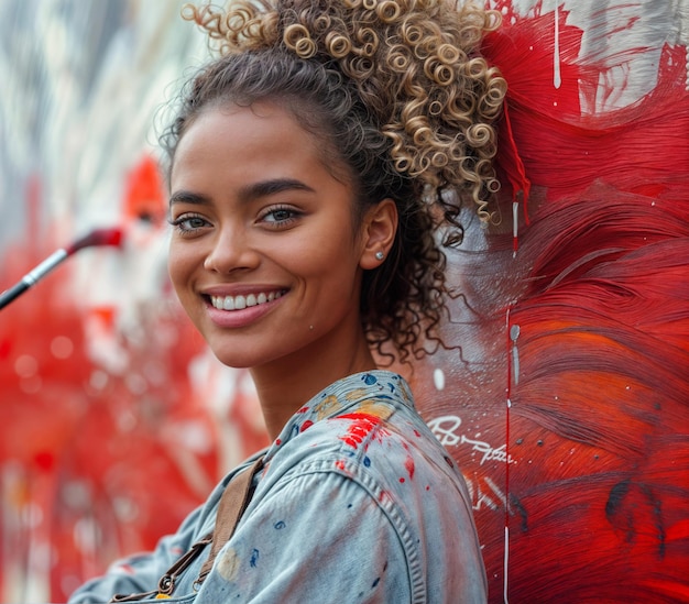 jeune femme balck peignant une peinture murale rouge et blanche en plein air pendant la journée