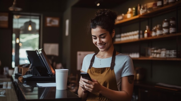 une jeune femme barista utilise le téléphone portable pour accepter le paiement de jeunes dans le café