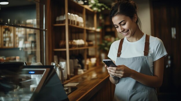 une jeune femme barista utilise le téléphone portable pour accepter le paiement de jeunes dans le café