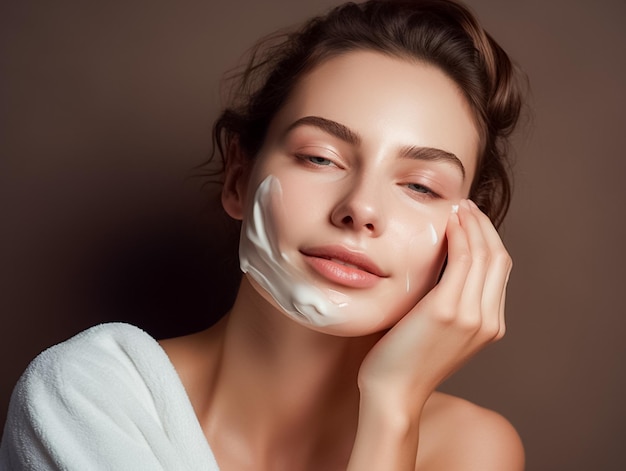 Une jeune femme de beauté appliquant de la crème sur son visage Une fille de beauté soin de la peau Traitement facial généré par l'IA