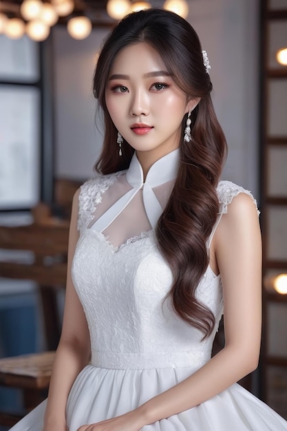 Jeune femme de beauté asiatique aux cheveux longs en robe blanche avec maquillage coréen