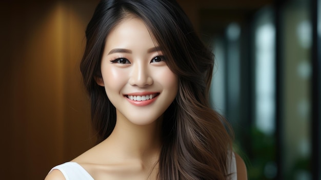 Jeune femme de beauté asiatique avec un beau sourire et des dents blanches parfaites se bouchent