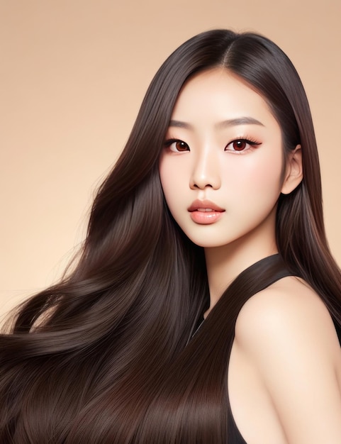 Jeune femme de beauté asiatique cheveux longs bouclés avec un style de maquillage coréen