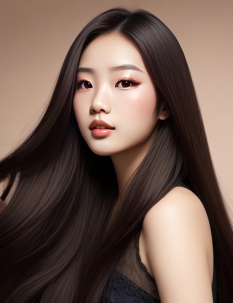 Jeune femme de beauté asiatique cheveux longs bouclés avec un style de maquillage coréen