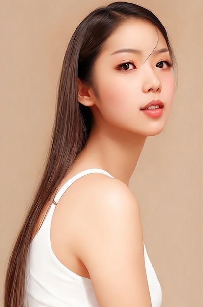 Jeune femme de beauté asiatique avec des cheveux longs modèle avec un style de maquillage coréen sur son visage et une peau parfaite