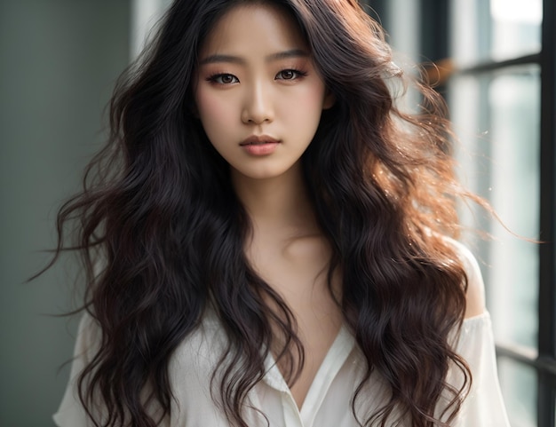 Jeune femme beauté asiatique modèle cheveux longs avec un style de maquillage coréen sur le visage et une peau parfaite