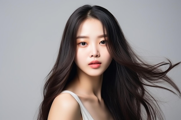 Jeune femme de beauté asiatique modèle cheveux longs avec style de maquillage coréen sur le visage