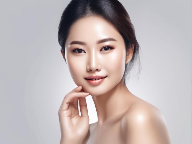 Jeune femme de beauté asiatique avec une peau parfaite sur fond blanc isolé Soin du visage Cosmétologie