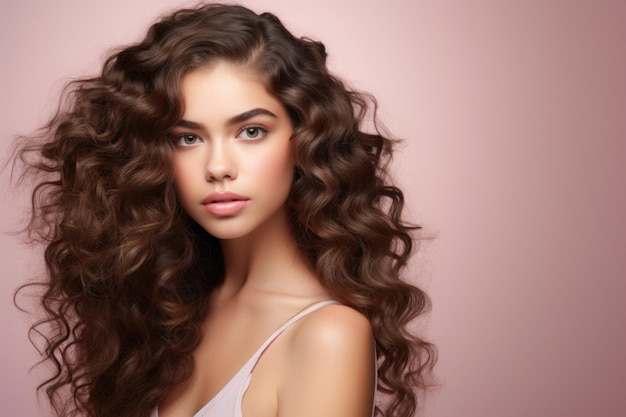 Jeune femme de beauté aux longs cheveux bouclés avec un style de maquillage sur le visage et une peau parfaitement propre