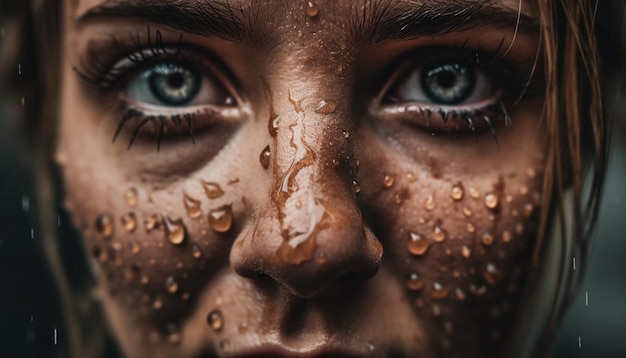 Jeune femme de beauté humide souriant à la caméra en profitant d'un rafraîchissement en forme de goutte de pluie généré par l'intelligence artificielle