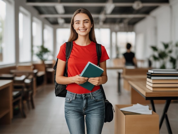 Une jeune femme belle en chemise rouge et en jean noir tenant différents livres et fichiers de copie