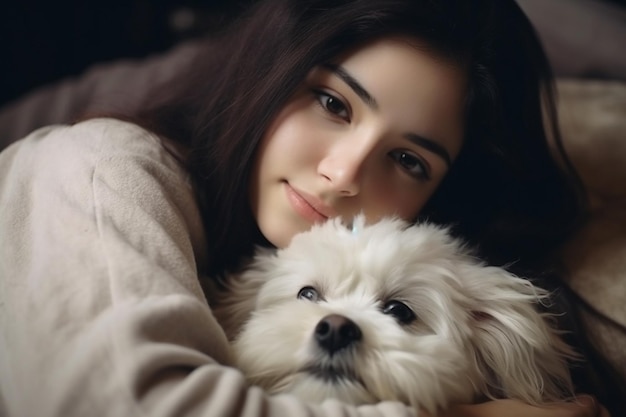 Une jeune femme belle avec des chiens husky dans un décor de Noël AI générative